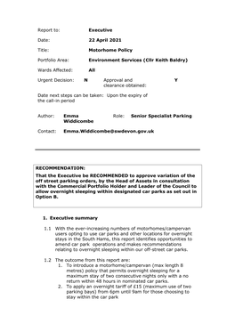 Executive Date: 22 April 2021 Title: Motorhome Policy Portfolio Area