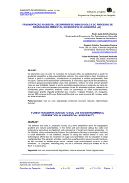 Fragmentação Florestal Decorrente Do Uso Do Solo E Do Processo De Degradação Ambiental, No Município De Junqueiro (Al) 1