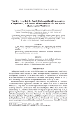 Embolemidae (Hymenoptera: Chrysidoidea) in Réunion, with Description of a New Species of Embolemus Westwood