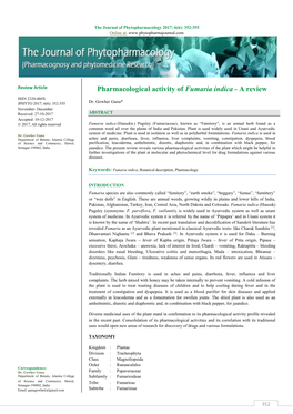 Pharmacological Activity of Fumaria Indica - a Review ISSN 2320-480X JPHYTO 2017; 6(6): 352-355 Dr