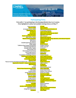 Participating Firms Firms with a * Are Participating in the Emerging Markets Day 1-On-1 Session