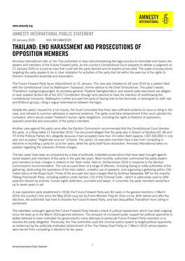 Thailand: End Harassment and Prosecutions of Opposition Members