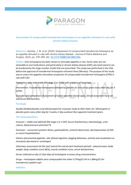 Assessment of Compounded Transdermal Mirtazapine As an Appetite Stimulant in Cats with Chronic Kidney Disease