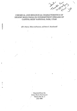 Chemical and Biological Characteristics of Desert Rock Pools in Intermittent Streams of Capitol Reef National Park, Utah