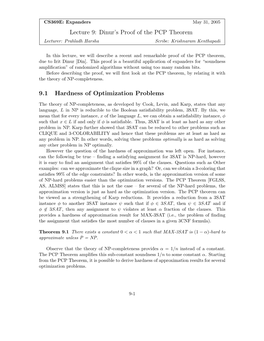 Lecture 9: Dinur's Proof of the PCP Theorem 9.1 Hardness Of