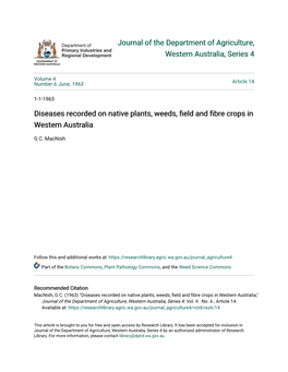 Diseases Recorded on Native Plants, Weeds, Field and Fibre Crops in Western Australia