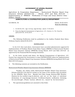 Restructured Weather Based Crop Insurance Scheme (RWBCIS) During Kharif, 2019 and Rabi 2019-20 As
