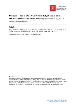 Music and Society in Late Colonial India: a Study of Esraj in Gaya LSE Research Online URL for This Paper: Version: Accepted Version