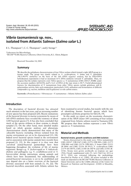 Vibrio Tasmaniensis Sp. Nov., Isolated from Atlantic Salmon (Salmo Salar L.)