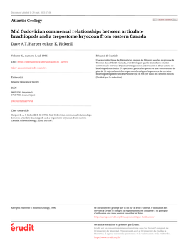 Mid Ordovician Commensal Relationships Between Articulate Brachiopods and a Trepostome Bryozoan from Eastern Canada Dave A.T