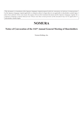 Nomura Holdings, Inc. Notice of Convocation of the 116Th Annual General Meeting of Shareholders (PDF)