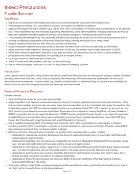 Insect Precautions Traveler Summary Key Points Significant and Potentially Life-Threatening Illnesses Can Be Transmitted by Insect and Other Biting Vectors