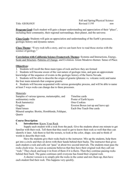 GEOLOGY Revised 11/95 Mw Program Goal: Each Student Will