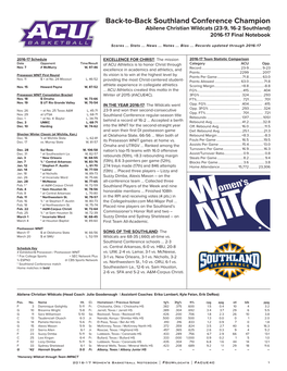 Back-To-Back Southland Conference Champion Abilene Christian Wildcats (23-9, 16-2 Southland) 2016-17 Final Notebook