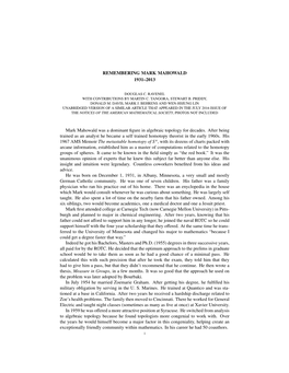 REMEMBERING MARK MAHOWALD 1931–2013 Mark Mahowald Was a Dominant Figure in Algebraic Topology for Decades. After Being Trained