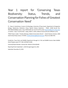 Year 1 Report for 'Conserving Texas Biodiversity: Status, Trends, And