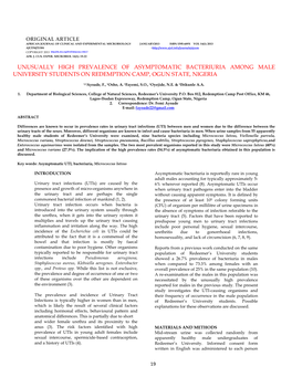 Unusually High Prevalence of Asymptomatic Bacteriuria Among Male University Students on Redemption Camp, Ogun State, Nigeria