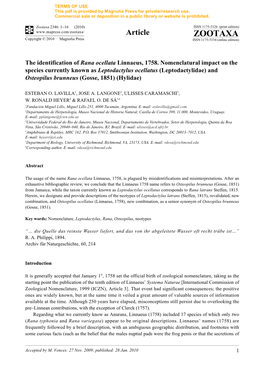 Zootaxa, the Identification of Rana Ocellata Linnaeus, 1758