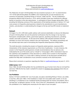 Draft Reduction of Lead in Drinking Water Act Frequently Asked Questions Please Send Comments to Leadfreeact@Epa.Gov