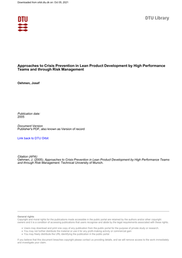 Approaches to Crisis Prevention in Lean Product Development by High Performance Teams and Through Risk Management