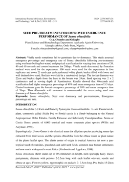 SEED PRE-TREATMENTS for IMPROVED EMERGENCE PERFORMANCE of Senna Obtusifolia O.A