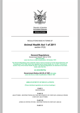 Animal Health Act 1 of 2011 General Regulations