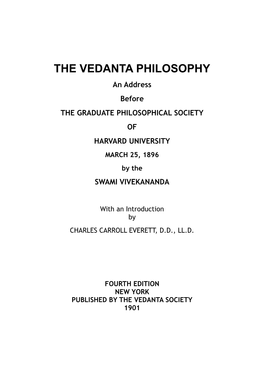 The Vedanta Philosophy (Address at Harvard)