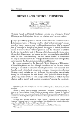 Russell and Critical Thinking [Review of "Bertrand Russell and Critical