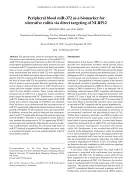 Peripheral Blood Mir‑372 As a Biomarker for Ulcerative Colitis Via Direct Targeting of NLRP12