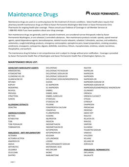 Maintenance Drug List Below Is Not Comprehensive and Is Subject to Change Without Prior Notification