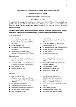 Joint Meeting of the Westminster Malawi APPG and Holyrood CPG with the President of Malawi Mcmillan Room, Palace of Westminster