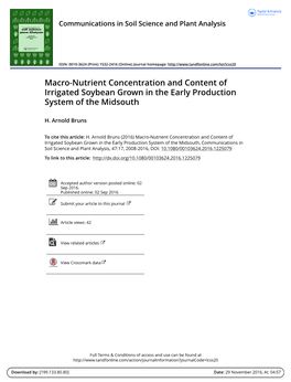 Macro-Nutrient Concentration and Content of Irrigated Soybean Grown in the Early Production System of the Midsouth