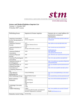 Science and Medical Publishers Imprints List Version 1.1, October 2007 8 October 2007 Version