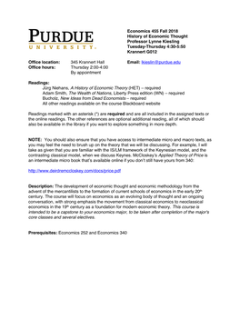 History of Economic Thought Professor Lynne Kiesling Tuesday-Thursday 4:30-5:50 Krannert G012