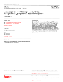 La Chasse-Galerie : De L’Ethnologie À La Linguistique the Legend of the Flying Canoe: a Linguistic Perspective Claude Poirier