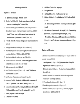 A Survey of Chronicles 24 + Divisions of Priests Into 24 Groups 25 + List of Musicians Chapters in 1 Chronicles 26 + List of Gatekeepers (1-19); Treasurers (20-32)