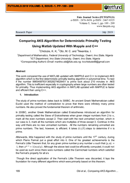 Comparing AKS Algorithm for Deterministic Primality Testing Using Matlab Updated with Mapple and C++ 1Chidozie, K