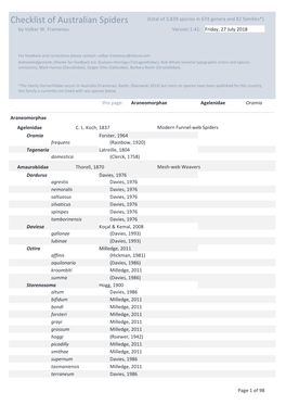 Checklist of Australian Spiders (Total of 3,839 Species in 674 Genera and 82 Families*) by Volker W