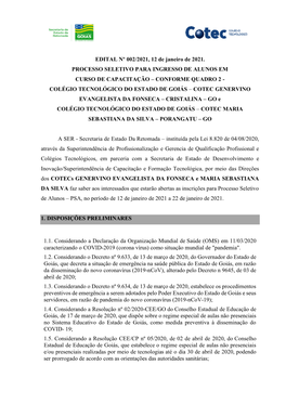 EDITAL Nº 002/2021, 12 De Janeiro De 2021. PROCESSO SELETIVO