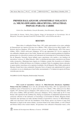 Primer Hallazgo De Apiomithrax Violaceus (A. Milne-Edwards) (Brachyura: Epialtidae: Pisinae) Para El Caribe