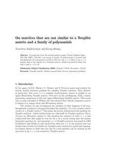 On Matrices That Are Not Similar to a Toeplitz Matrix and a Family of Polynomials