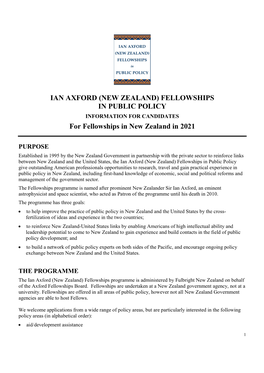 IAN AXFORD (NEW ZEALAND) FELLOWSHIPS in PUBLIC POLICY INFORMATION for CANDIDATES for Fellowships in New Zealand in 2021