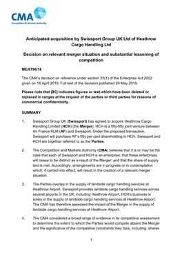 Anticipated Acquisition by Swissport Group UK Ltd of Heathrow Cargo Handling Ltd Decision on Relevant Merger Situation and Substantial Lessening of Competition