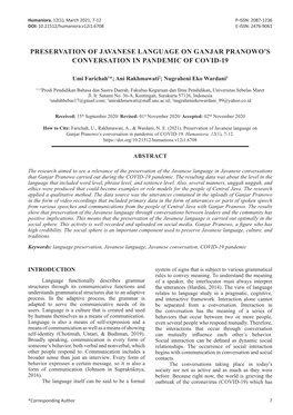 Preservation of Javanese Language on Ganjar Pranowo’S Conversation in Pandemic of Covid-19