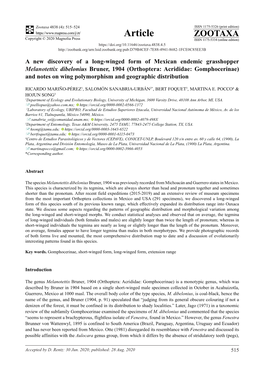 Orthoptera: Acrididae: Gomphocerinae) and Notes on Wing Polymorphism and Geographic Distribution