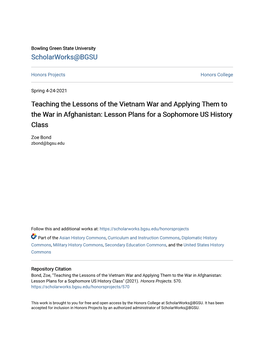 Teaching the Lessons of the Vietnam War and Applying Them to the War in Afghanistan: Lesson Plans for a Sophomore US History Class