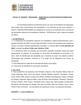 Edital N.º 299/2020 - Prog/Uema – Rematricula De Estudantes Ensino Ead Uemanet