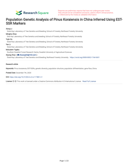 Population Genetic Analysis of Pinus Koraiensis in China Inferred Using EST- SSR Markers