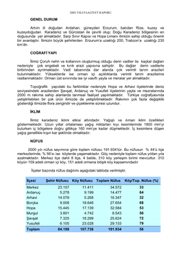 GENEL DURUM Artvin Ili Doğudan Ardahan, Güneyden Erzurum