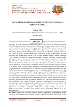 Phytochemicalstudiesand Multipurposeusesof Seed Oil of Moringa Oleifera